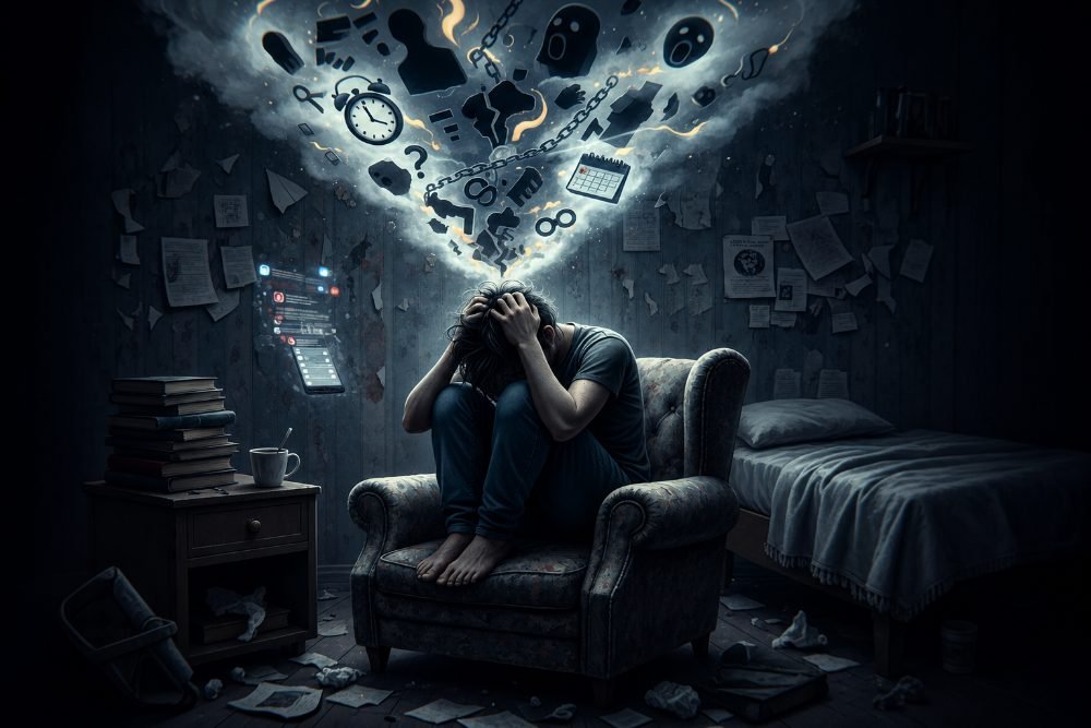 A person sitting inside a glass box covered in anxious overthinking thoughts